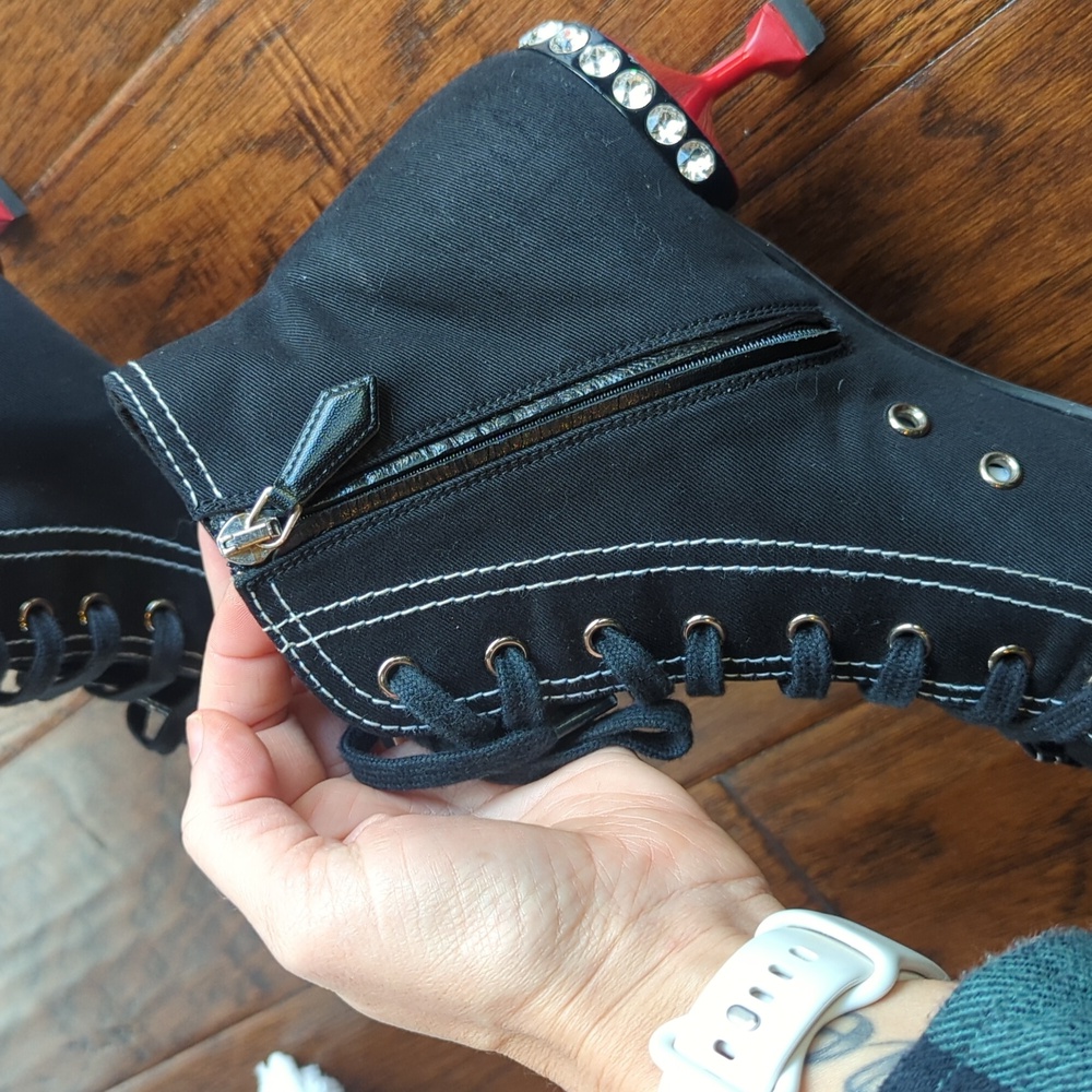 Miu Miu Black Lace-Up Ankle Heels with Red Accents and Crystal Trim - Picture 10 of 13